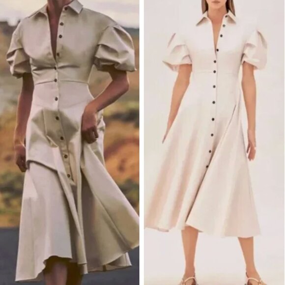 Alexis Amilya Puff-Sleeve Fit & Flare Midi Shirt Dress Ivory Beige Small/Large